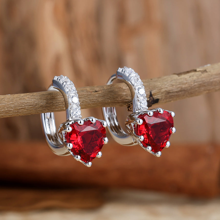 Heart Ruby Hoop Earrings 14K Solid Gold Huggie Hoops July birthstone Gift For Her