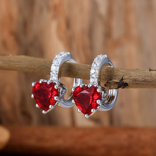 Heart Ruby Hoop Earrings 14K Solid Gold Huggie Hoops July birthstone Gift For Her