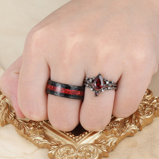 Von Zweigen inspirierte natürliche rote Granat-Paarring-Set aus rotem Wolfram und Silber, sein und ihr Ring