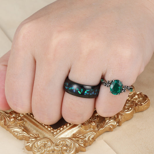 Black Gold Emerald Couples Ring Set And Peacock Opal Tungsten Matching Ring His and Hers Wedding Ring Set -  Esdomera.com
