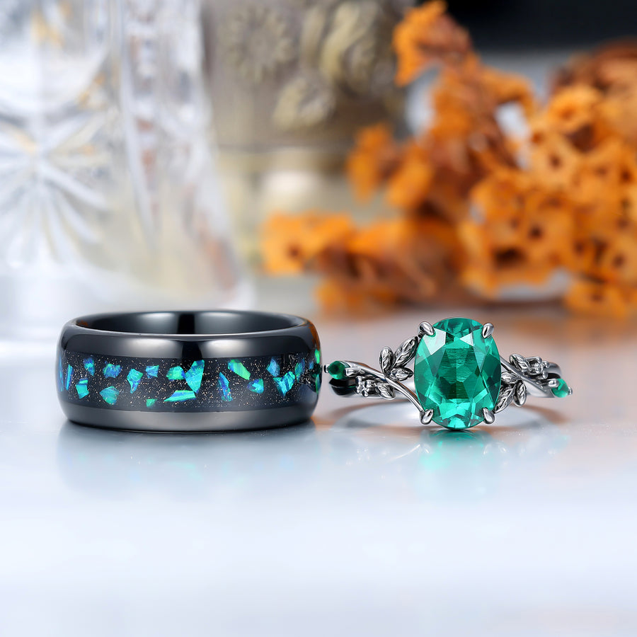 Black Gold Emerald Couples Ring Set And Peacock Opal Tungsten Matching Ring His and Hers Wedding Ring Set -  Esdomera.com