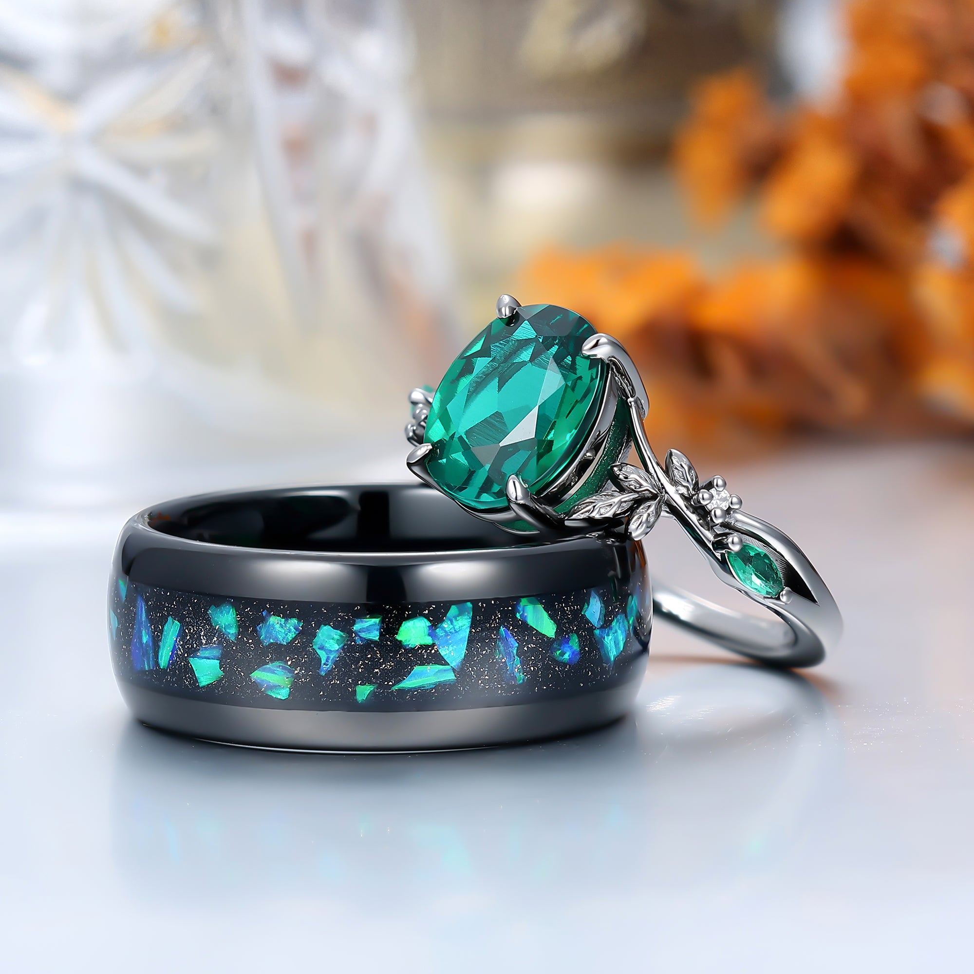 Black Gold Emerald Couples Ring Set And Peacock Opal Tungsten Matching