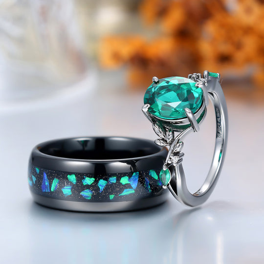 Black Gold Emerald Couples Ring Set And Peacock Opal Tungsten Matching Ring His and Hers Wedding Ring Set -  Esdomera.com