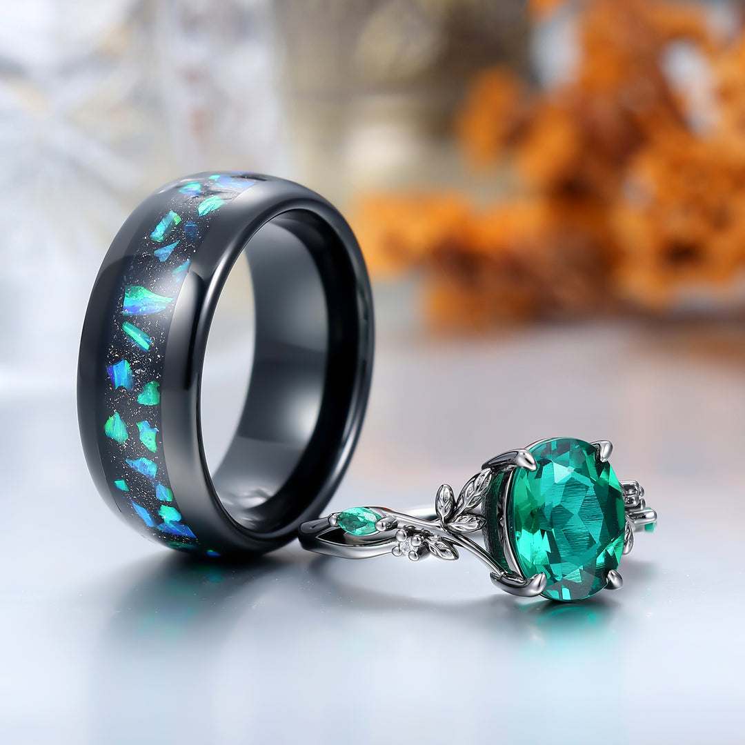 Black Gold Emerald Couples Ring Set And Peacock Opal Tungsten Matching Ring His and Hers Wedding Ring Set -  Esdomera.com