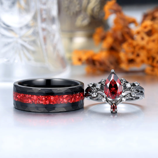 Von Zweigen inspirierte natürliche rote Granat-Paarring-Set aus rotem Wolfram und Silber, sein und ihr Ring