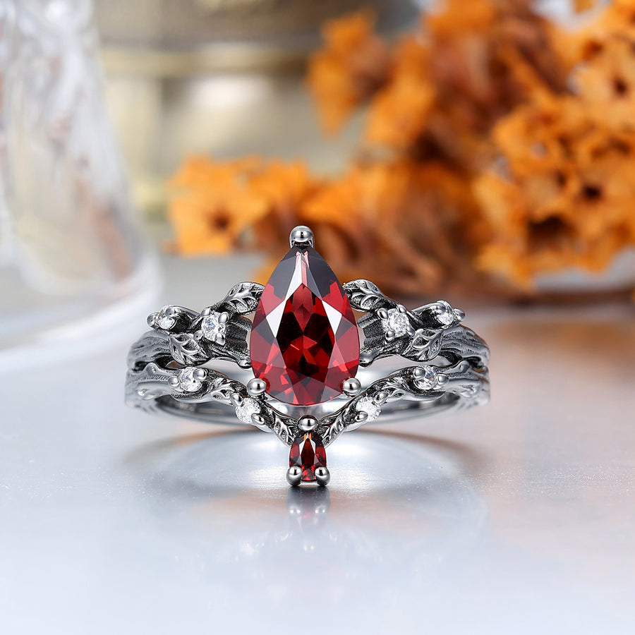 Von Zweigen inspirierte natürliche rote Granat-Paarring-Set aus rotem Wolfram und Silber, sein und ihr Ring