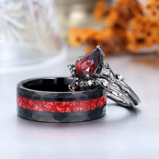 Von Zweigen inspirierte natürliche rote Granat-Paarring-Set aus rotem Wolfram und Silber, sein und ihr Ring