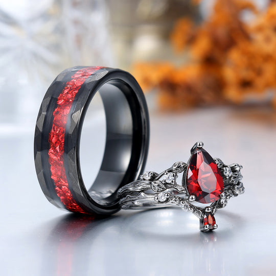 Von Zweigen inspirierte natürliche rote Granat-Paarring-Set aus rotem Wolfram und Silber, sein und ihr Ring