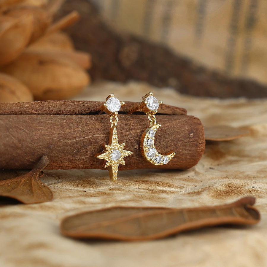 Moon Crescent And Star Stud Earrings Unique Celestial Earrings Best Moissantie Women Jewelry
