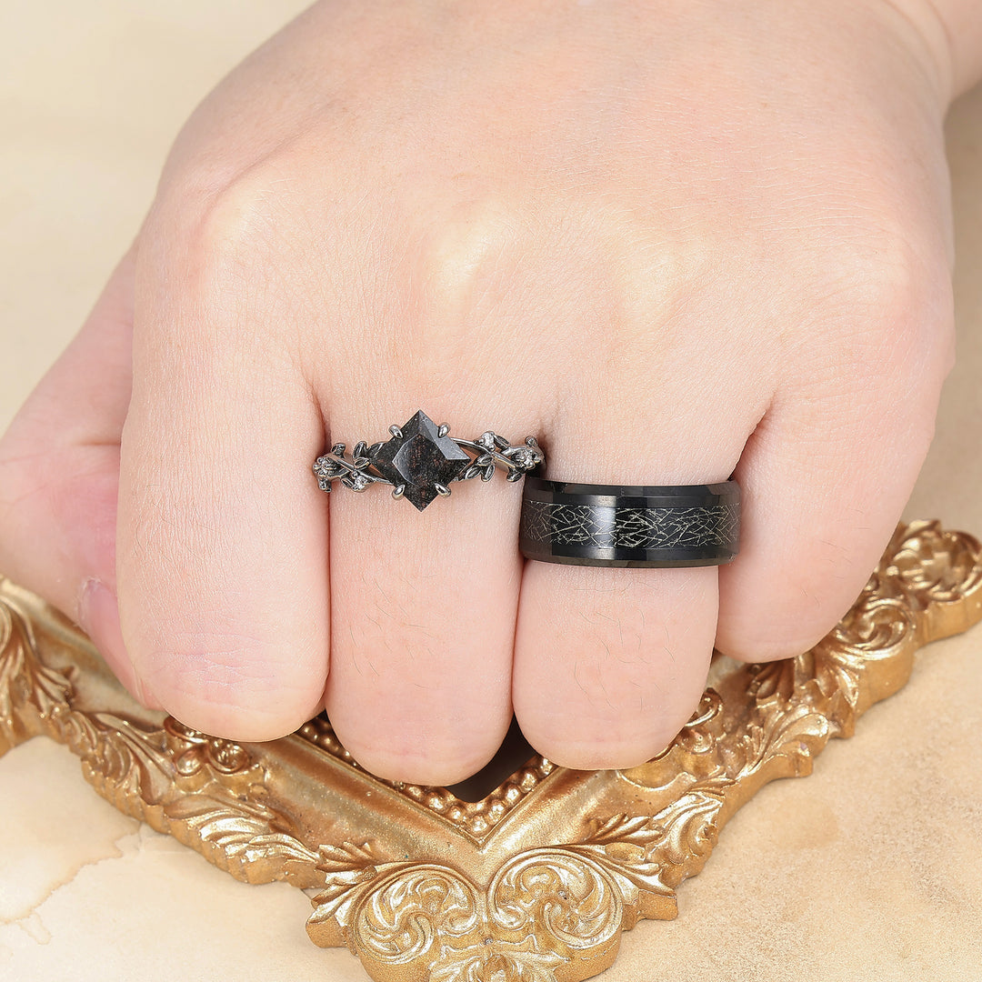 Exquisite Black Rutilated Quartz Sprig Engagement Couple Rings Filamentous Silver Foil Tungsten Wedding Bands