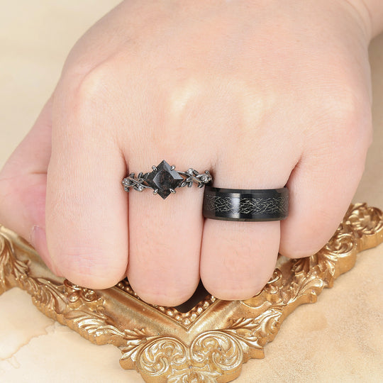 Exquisite Black Rutilated Quartz Sprig Engagement Couple Rings Filamentous Silver Foil Tungsten Wedding Bands