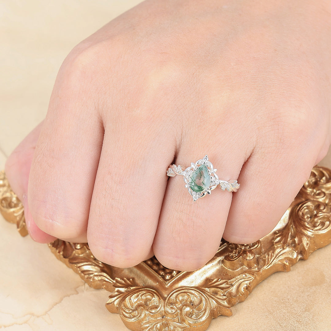 Bague de mariage pour elle en agate mousse taille poire à motif floral ajouré, halo feuille victorien, bague de fiançailles femme en agate
