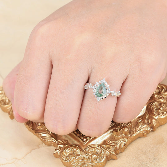 Bague de mariage pour elle en agate mousse taille poire à motif floral ajouré, halo feuille victorien, bague de fiançailles femme en agate