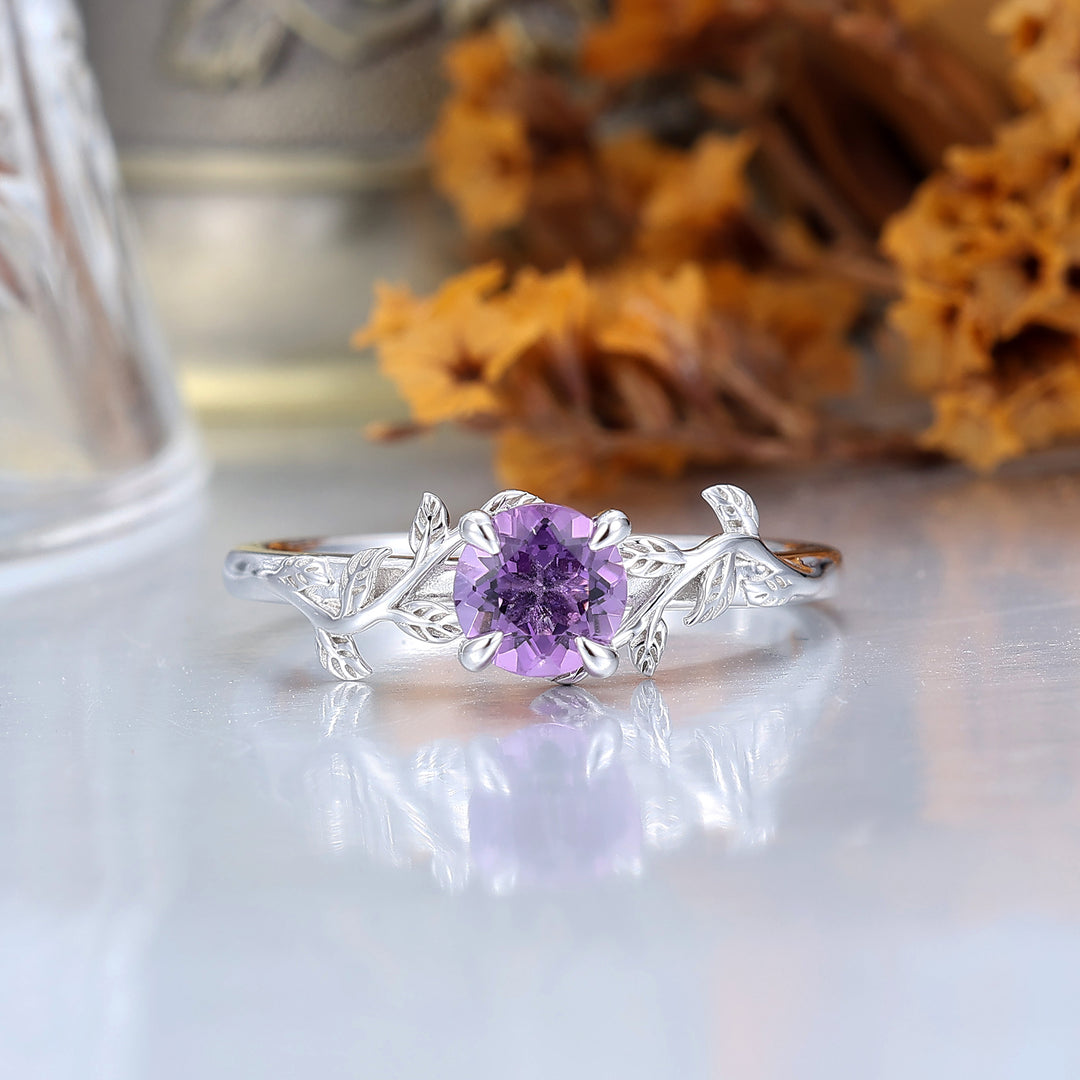 Nature Inspired Leaf Branch Amethyst Bridal Ring Hexagon Cut Amethyst Engagement Ring