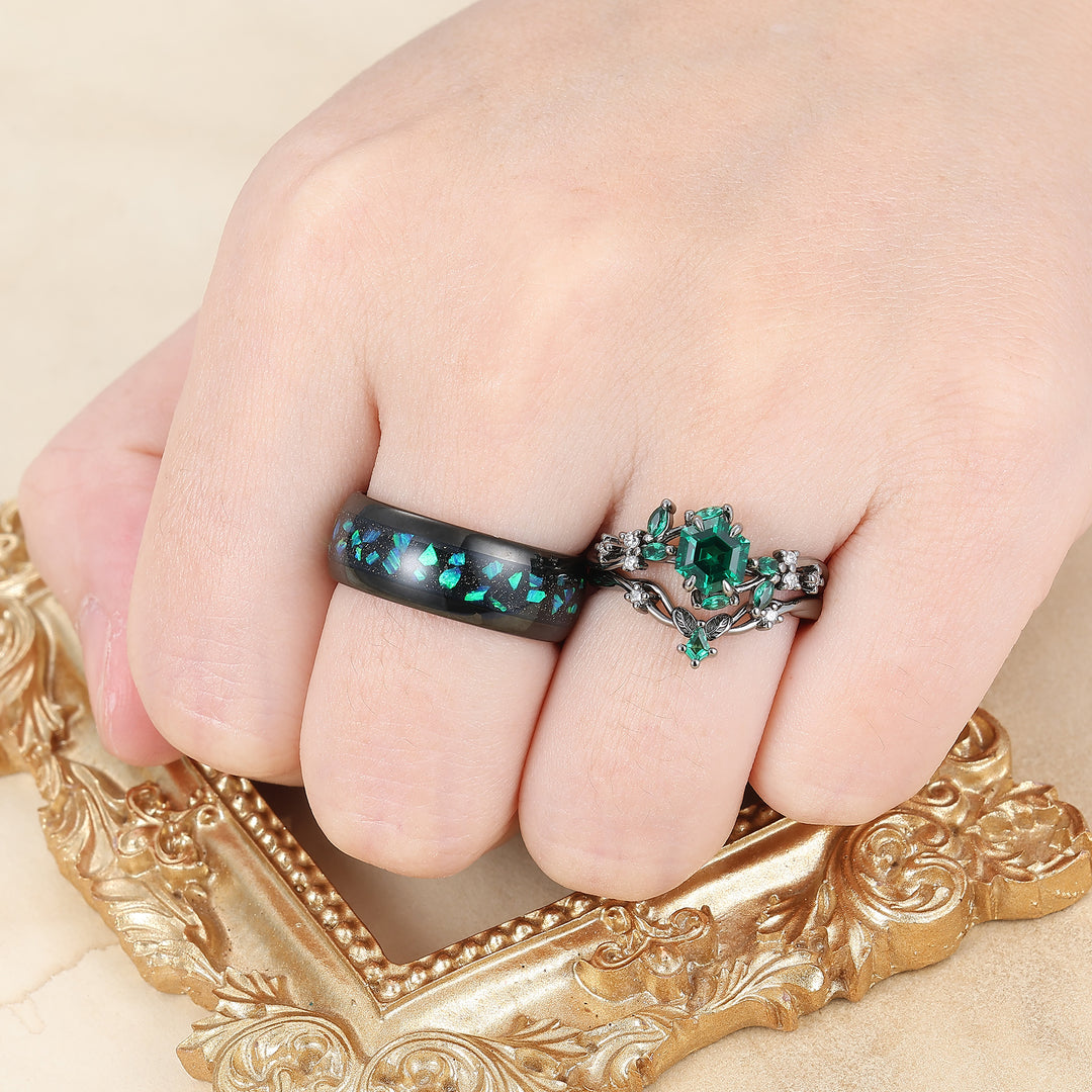 Hexagon Cut Emerald Couples Ring Set Leaf Branch Relief Band 3pcs Matching Ring Set