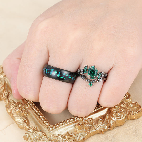Hexagon Cut Emerald Couples Ring Set Leaf Branch Relief Band 3pcs Matching Ring Set