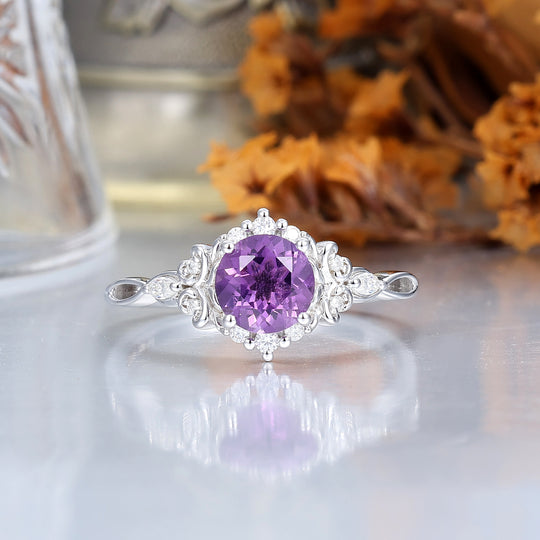 14K Vintage Floral Halo Natural Amethyst Round Cut Yellow Gold Engagement Ring Filigree Ring