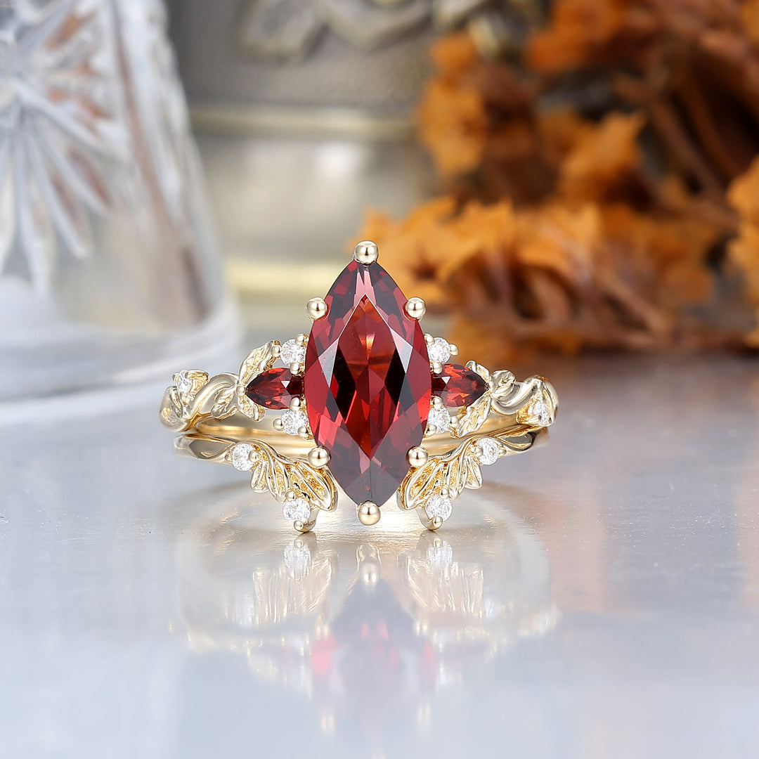 Brilliant Sprig Marquise Red Garnet Engagement Ring Set 2pcs Botanical Ring Set