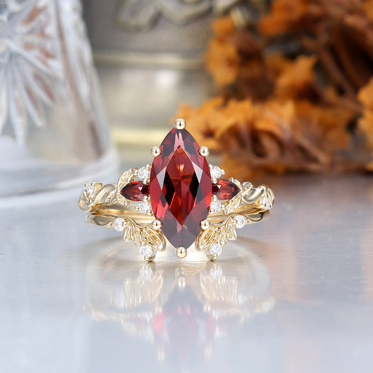 Brilliant Sprig Marquise Red Garnet Engagement Ring Set 2pcs Botanical Ring Set