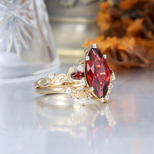 Brilliant Sprig Marquise Red Garnet Engagement Ring Set 2pcs Botanical Ring Set