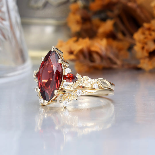 Brilliant Sprig Marquise Red Garnet Engagement Ring Set 2pcs Botanical Ring Set