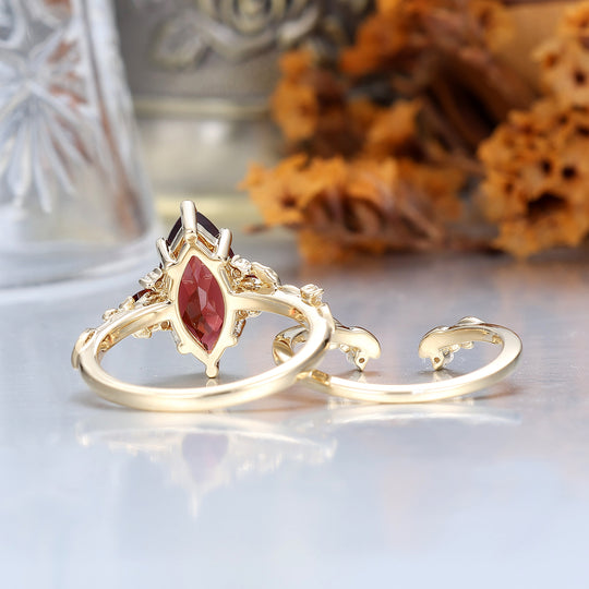 Brilliant Sprig Marquise Red Garnet Engagement Ring Set 2pcs Botanical Ring Set