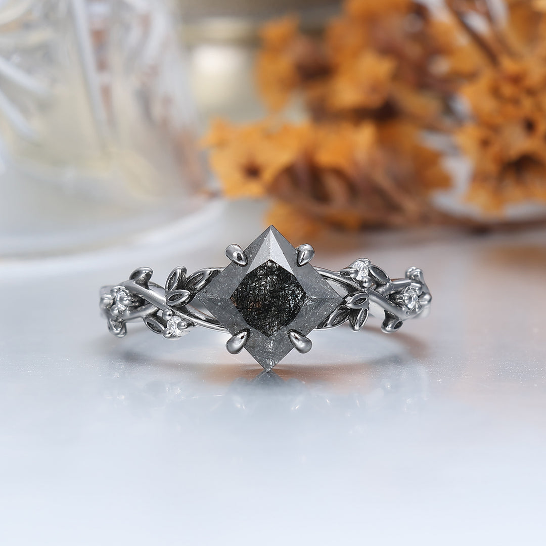 Exquisite Black Rutilated Quartz Sprig Engagement Couple Rings Filamentous Silver Foil Tungsten Wedding Bands