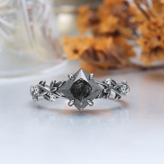 Exquisite Black Rutilated Quartz Sprig Engagement Couple Rings Filamentous Silver Foil Tungsten Wedding Bands