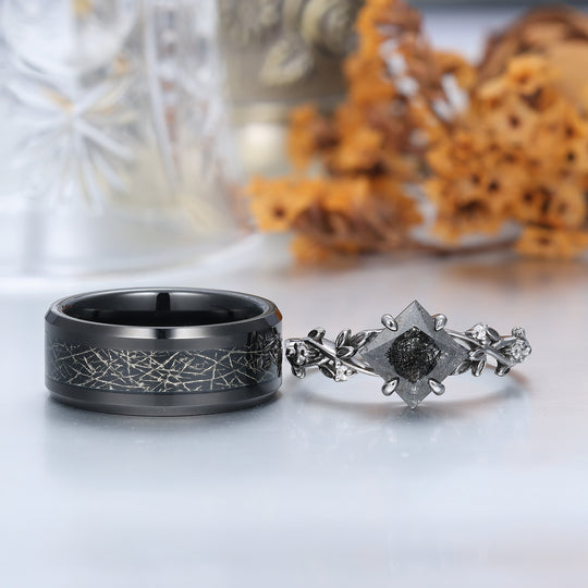 Exquisite Black Rutilated Quartz Sprig Engagement Couple Rings Filamentous Silver Foil Tungsten Wedding Bands