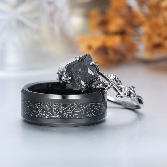 Exquisite Black Rutilated Quartz Sprig Engagement Couple Rings Filamentous Silver Foil Tungsten Wedding Bands