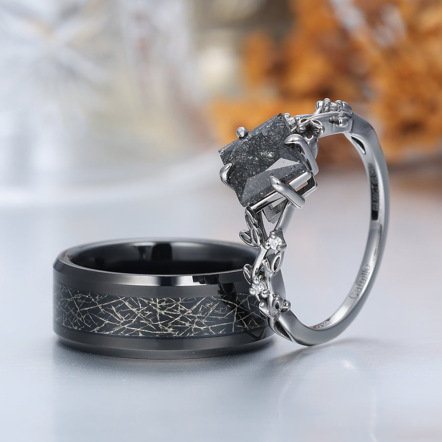 Bagues de fiançailles pour couple en quartz rutile noir exquis, branches filamenteuses, feuilles d'argent, alliances en tungstène
