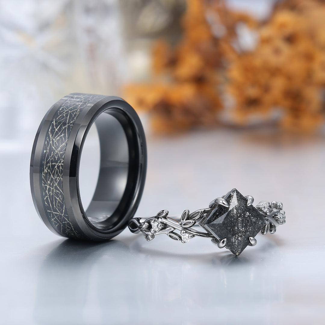 Exquisite Black Rutilated Quartz Sprig Engagement Couple Rings Filamentous Silver Foil Tungsten Wedding Bands
