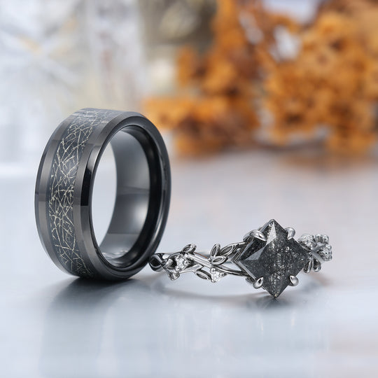 Exquisite Black Rutilated Quartz Sprig Engagement Couple Rings Filamentous Silver Foil Tungsten Wedding Bands