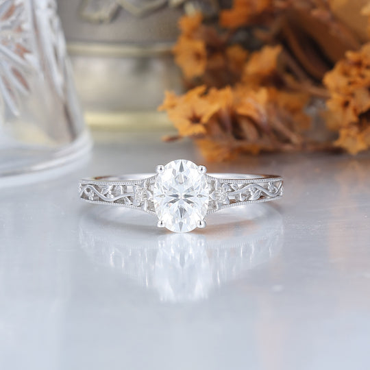 14k Yellow Gold Ornate Filigree Shank Ring Vintage Oval Cut Moissanite Engagement Rings Carved Vine Bridal Ring