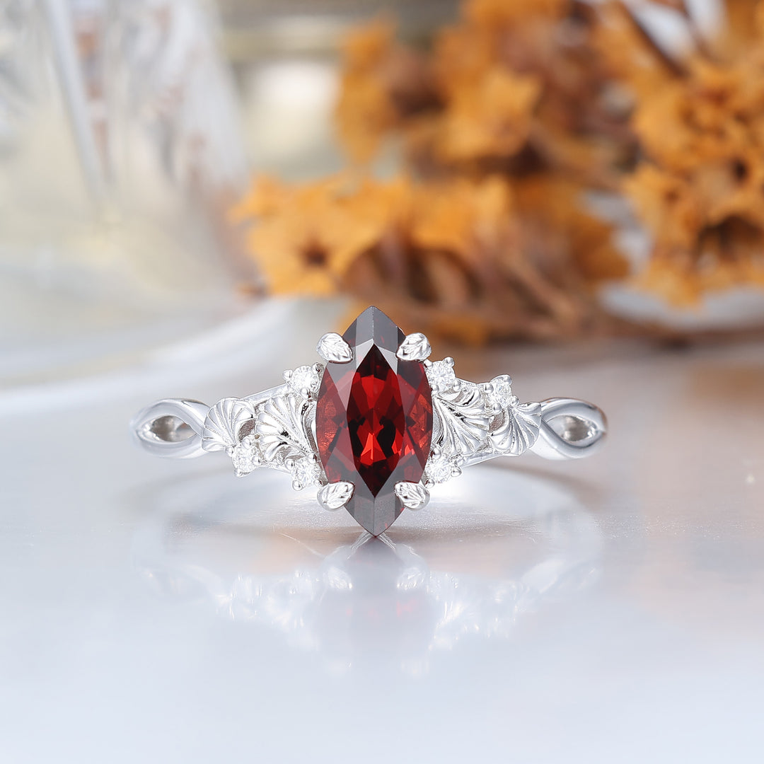 Bague femme Ginkgo Design 1CT marquise grenat rouge, bague de fiançailles unique à griffes
