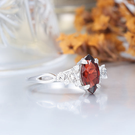 Bague femme Ginkgo Design 1CT marquise grenat rouge, bague de fiançailles unique à griffes