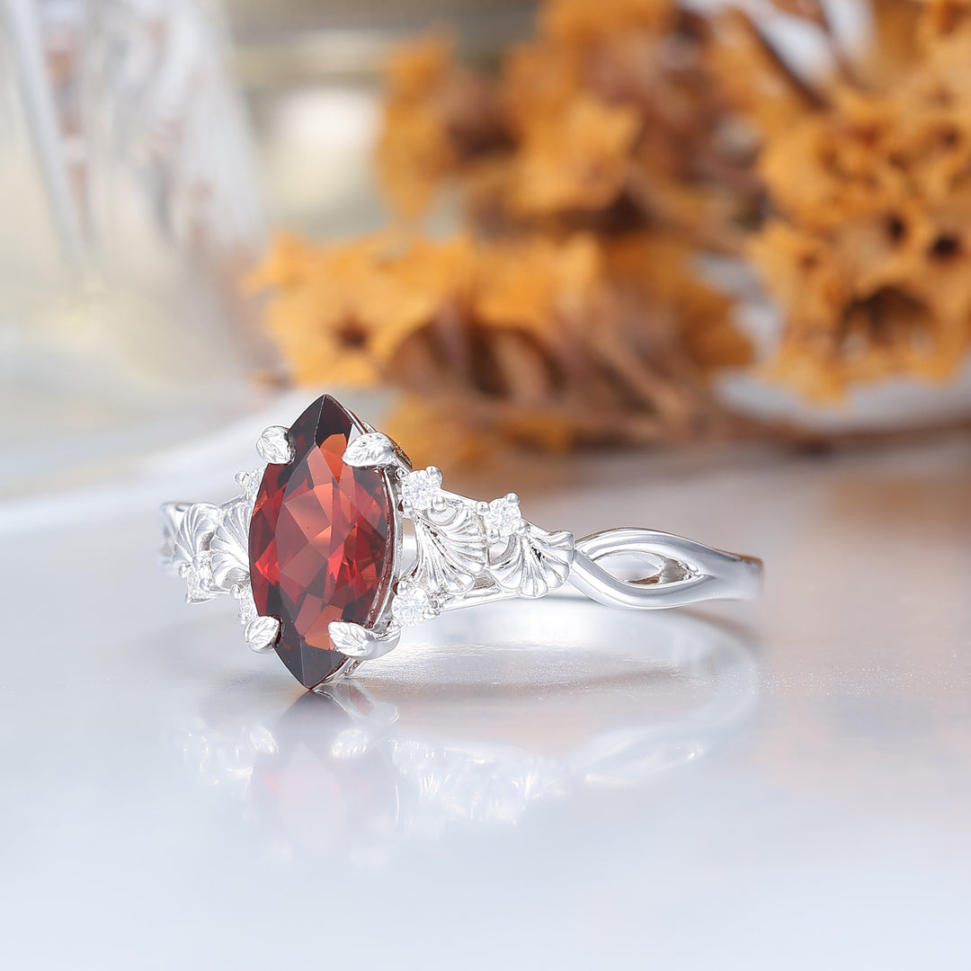 Bague femme Ginkgo Design 1CT marquise grenat rouge, bague de fiançailles unique à griffes