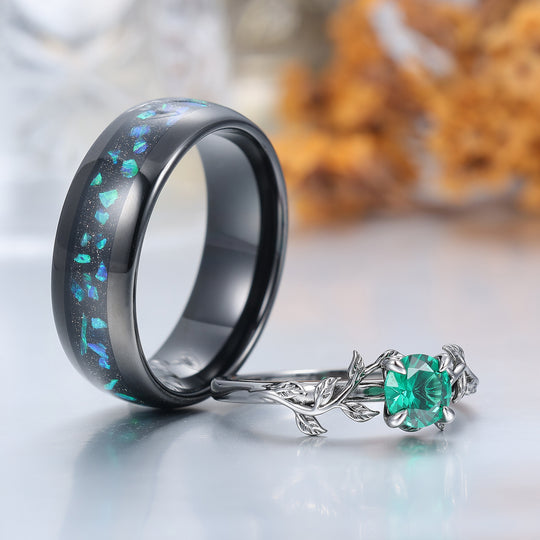 Splendido motivo a foglia di smeraldo, fedi nuziali da lui e da lei, set per coppia personalizzato placcato nero