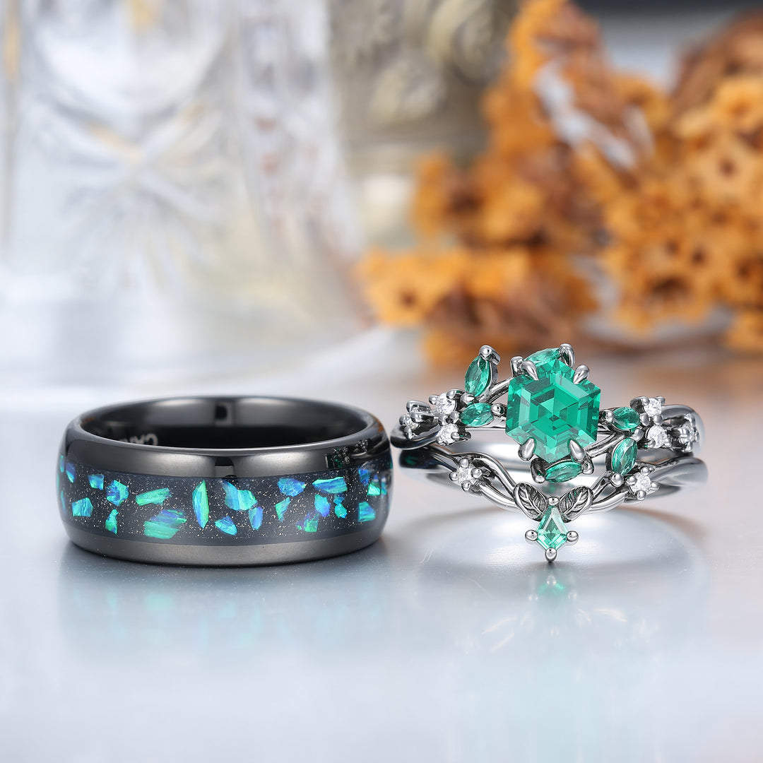 Hexagon Cut Emerald Couples Ring Set Leaf Branch Relief Band 3pcs Matching Ring Set