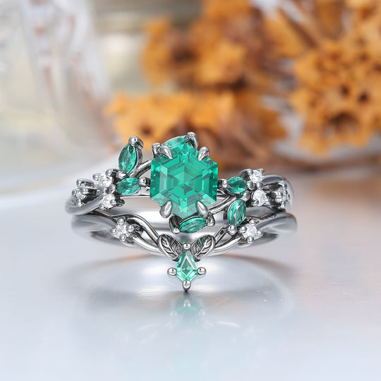 Hexagon Cut Emerald Couples Ring Set Leaf Branch Relief Band 3pcs Matching Ring Set