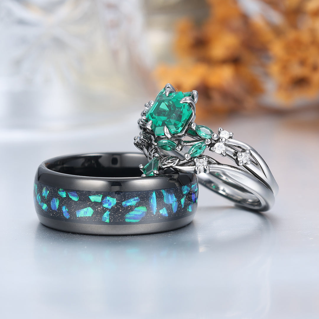 Hexagon Cut Emerald Couples Ring Set Leaf Branch Relief Band 3pcs Matching Ring Set