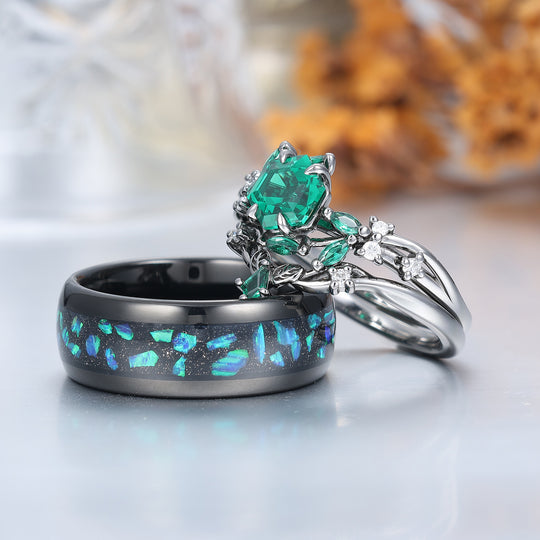 Hexagon Cut Emerald Couples Ring Set Leaf Branch Relief Band 3pcs Matching Ring Set