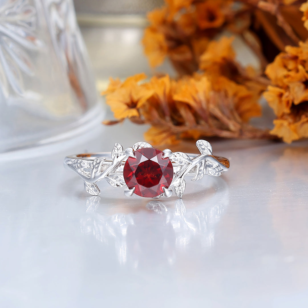 Nature Inspired Leaf Branch Red Garnet Bridal Ring Round Cut Engagement Ring