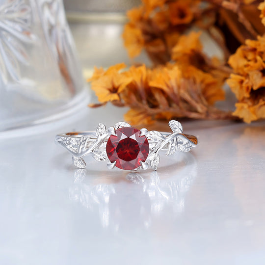 Nature Inspired Leaf Branch Red Garnet Bridal Ring Round Cut Engagement Ring
