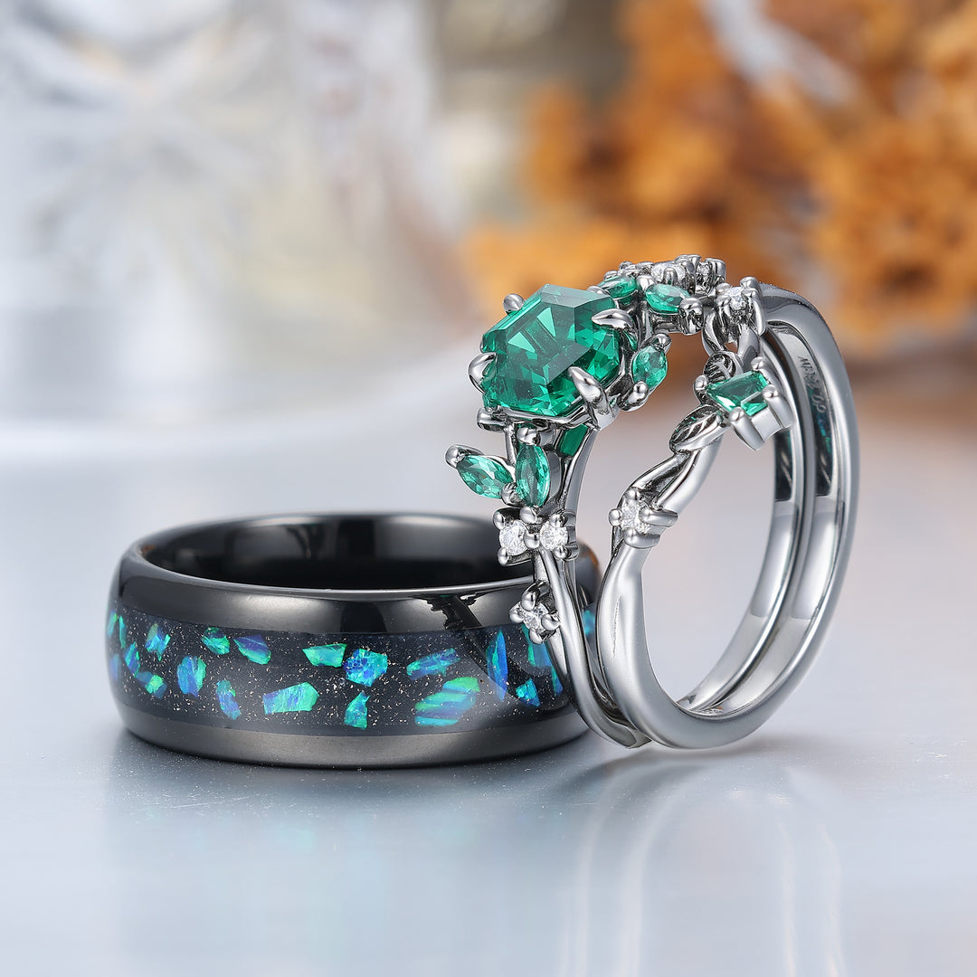 Hexagon Cut Emerald Couples Ring Set Leaf Branch Relief Band 3pcs Matching Ring Set
