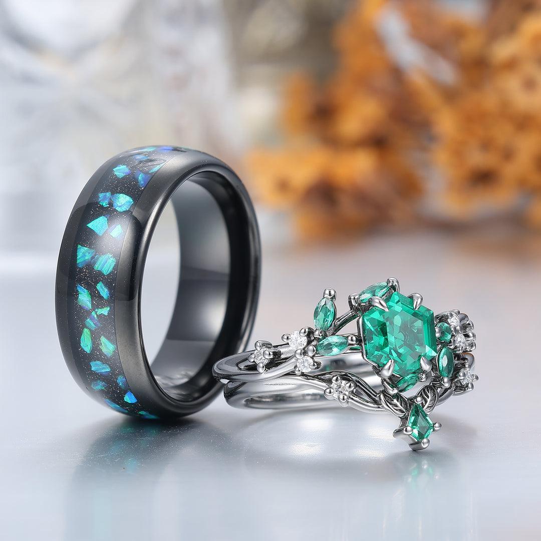 Hexagon Cut Emerald Couples Ring Set Leaf Branch Relief Band 3pcs Matching Ring Set