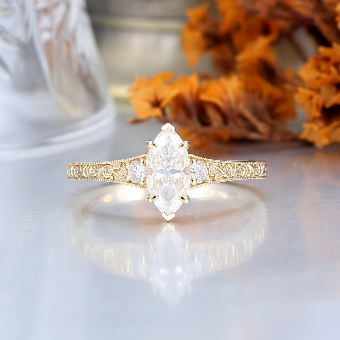 Vintage Marquise Cut Moissanite Filigree Bridal Ring Three-stone Setting Yellow Gold Tone Ring