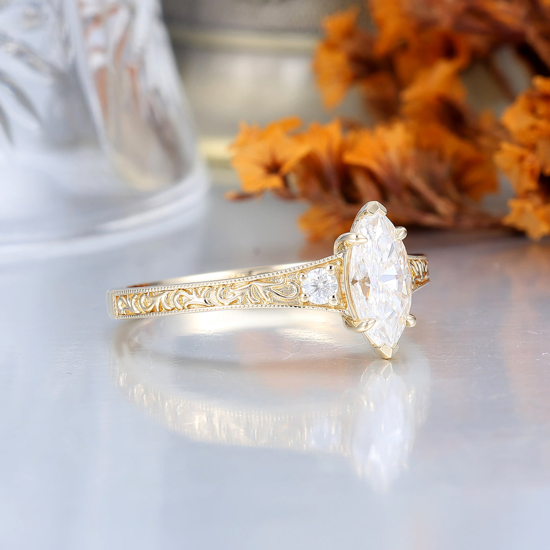 Vintage Marquise Cut Moissanite Filigree Bridal Ring Three-stone Setting Yellow Gold Tone Ring