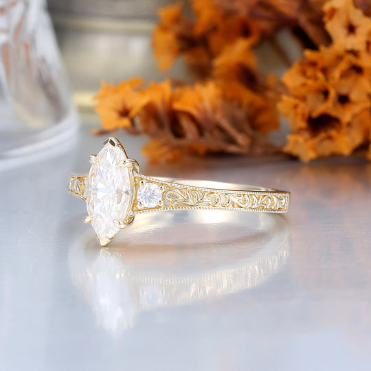 Vintage Marquise Cut Moissanite Filigree Bridal Ring Three-stone Setting Yellow Gold Tone Ring