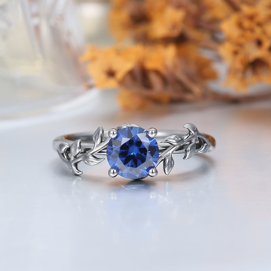 Solitaire Redondo Zafiro Azul Anillo de Compromiso Sus y Suyos Alianza de Boda Promesa Hoja Anillos a Juego para Parejas